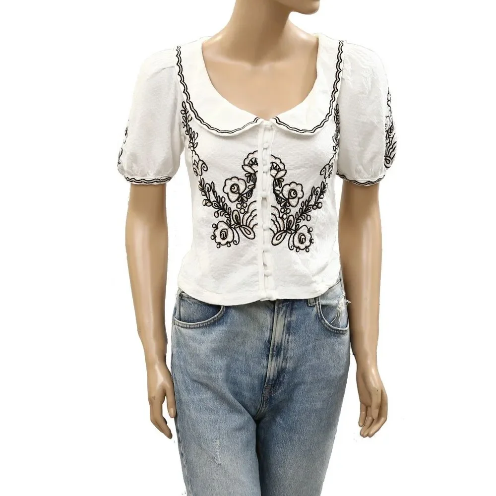 By Anthropologie Embroidered Button-Front Collared Blouse Top White XXS 286640